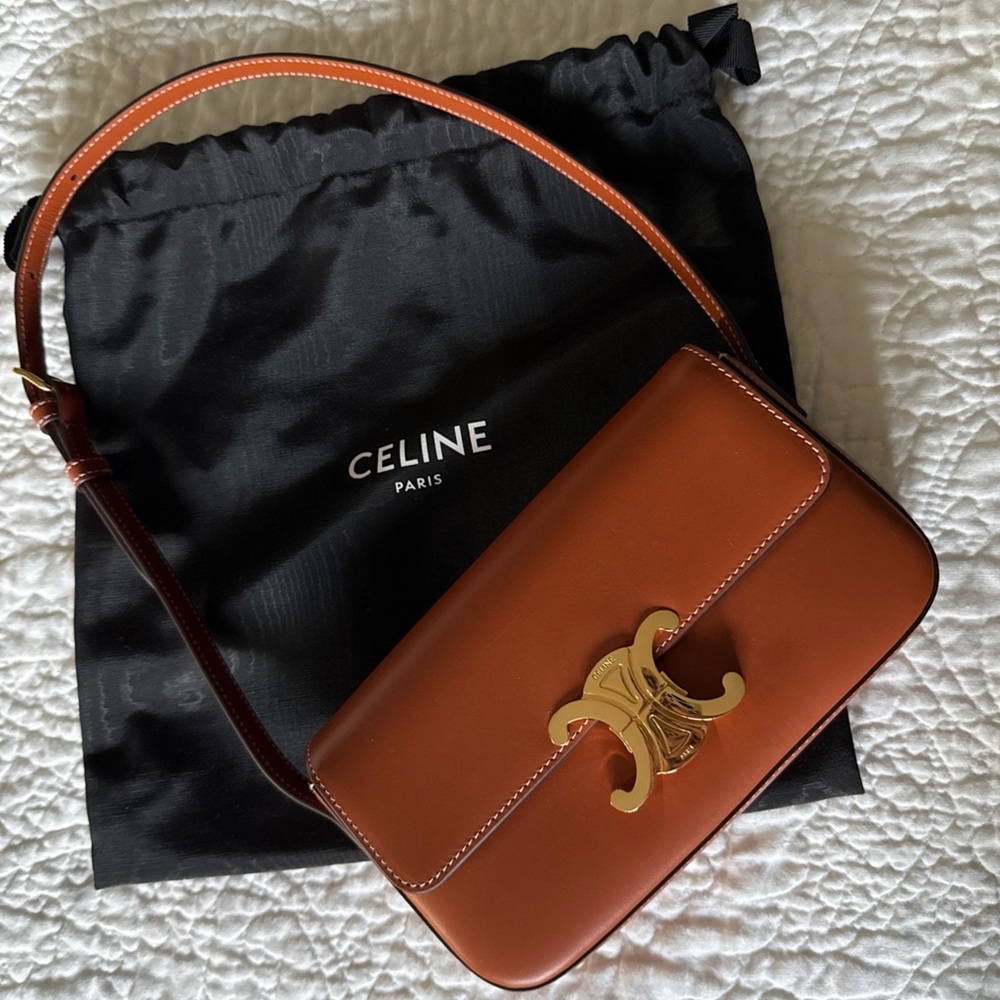 Celine Triomphe Claude Shoulder Bag calf skin leather Cognac Caramel Saddle
